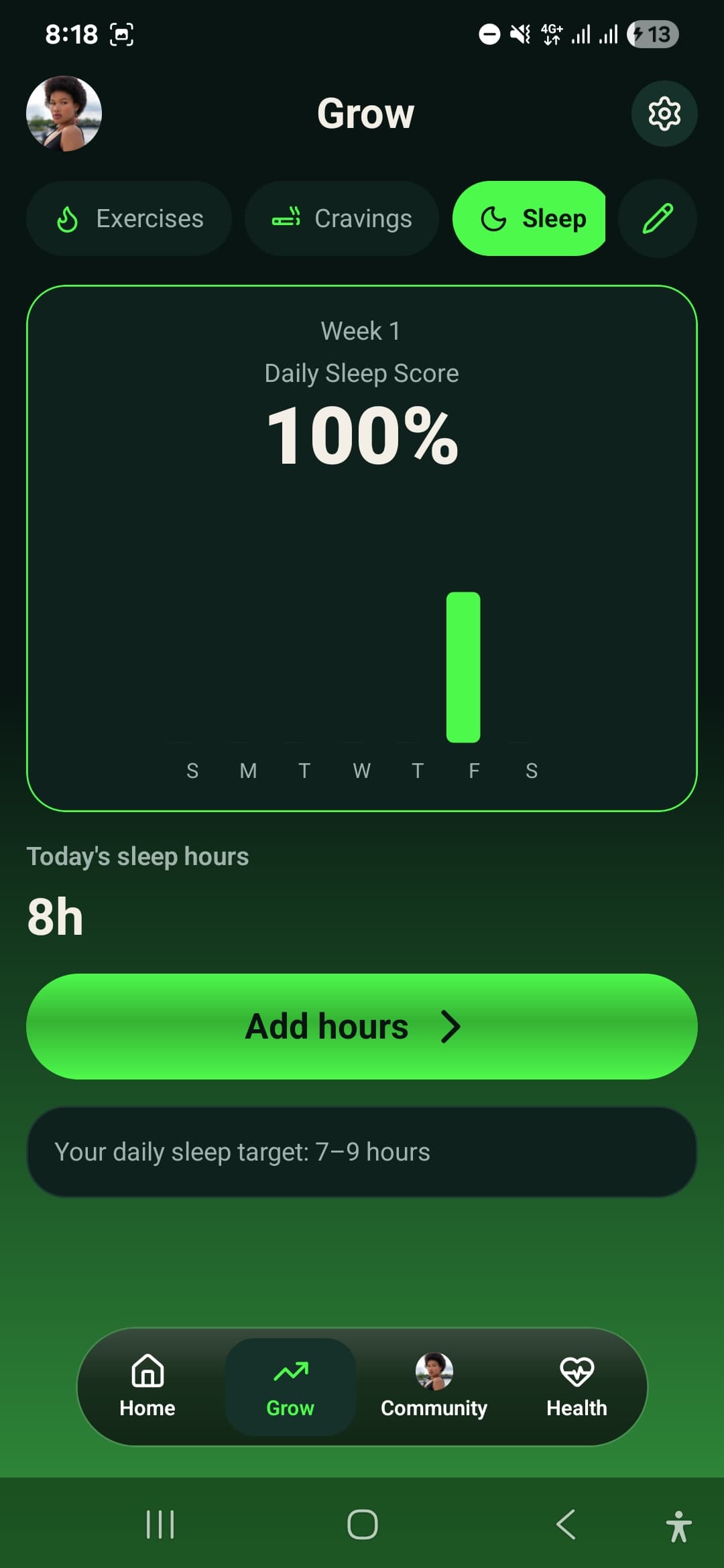 Sleep tracking screen