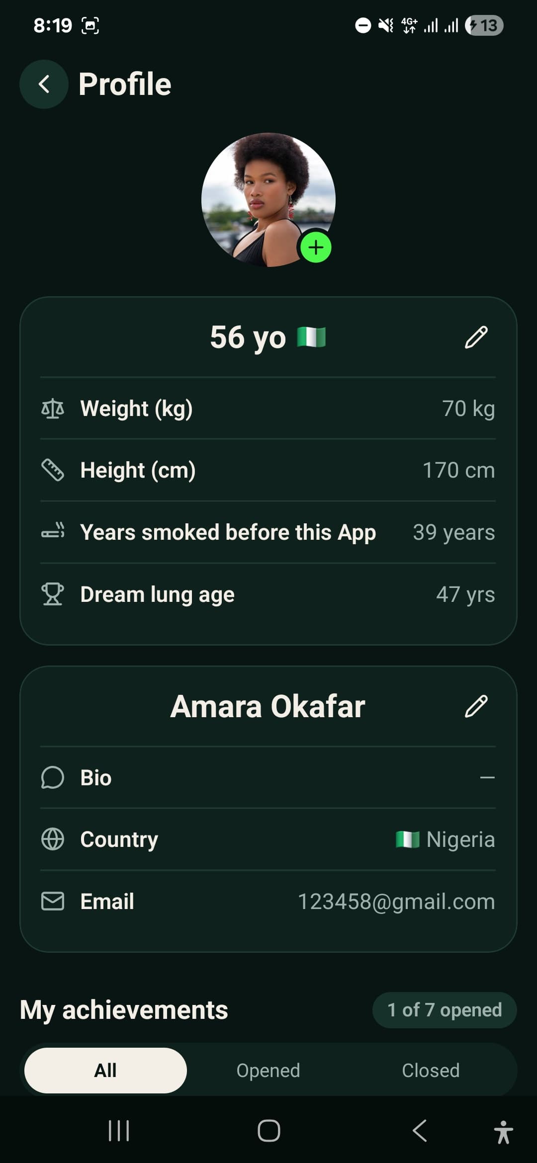 Profile and achievements screen